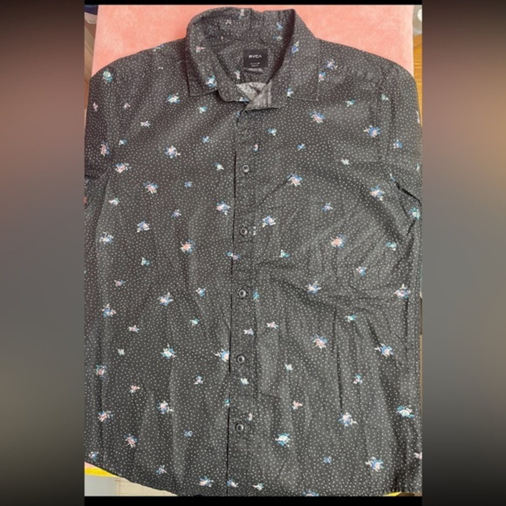 RVCA That'll Do Black & Orange Short Sleeve Slim‎ Fit Button Up Shirt Mens SMALL